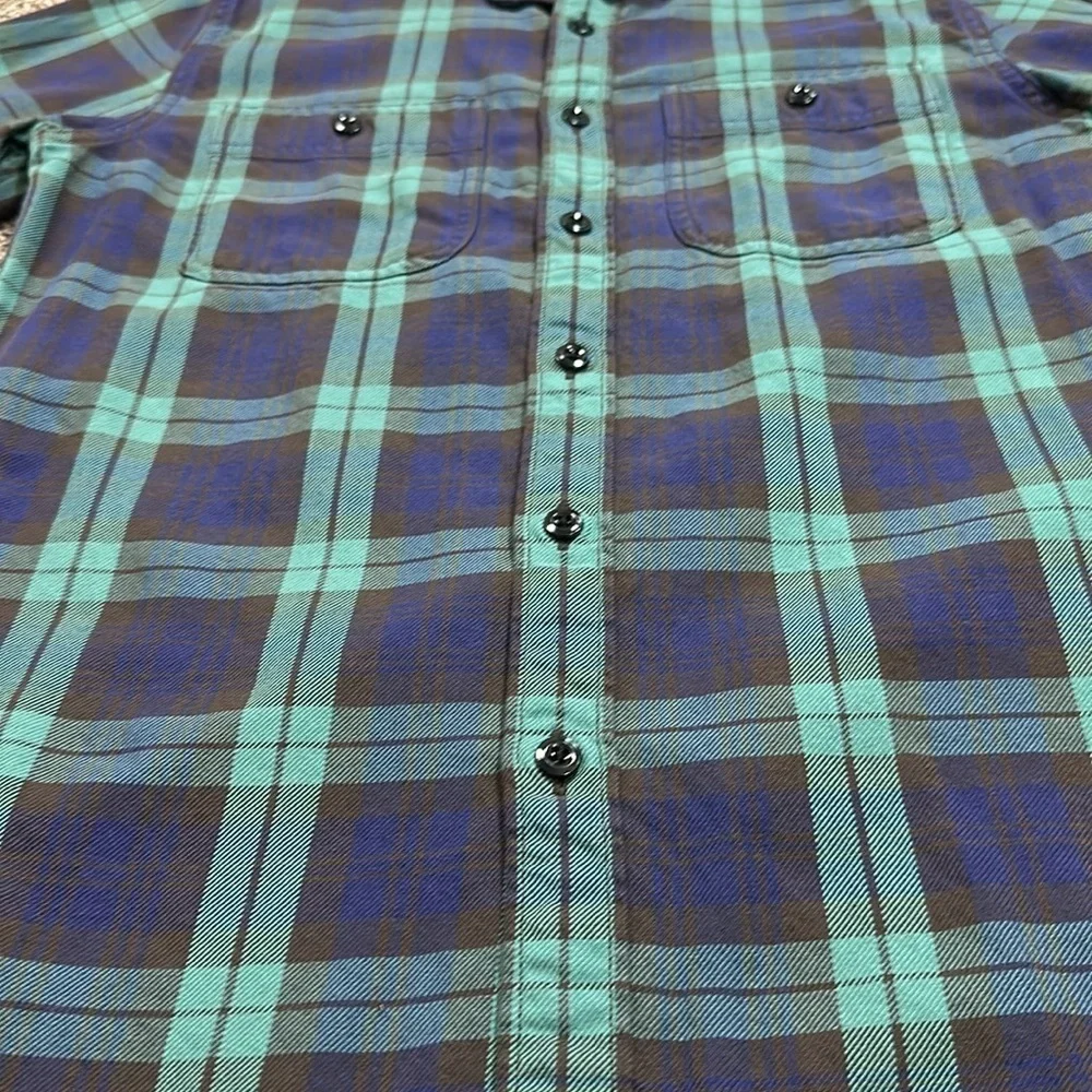 J. Crew flannel teal blue gray as seen in GQ small blackwatch. 100% cotton.